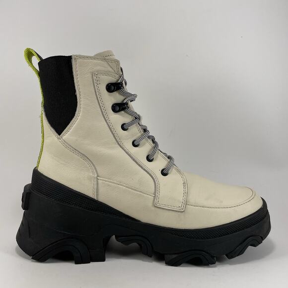 Sorel Brex Beige Leather Lace-Up Platform Lug Sole Waterproof Boots Size 7.5 - Picture 1 of 11
